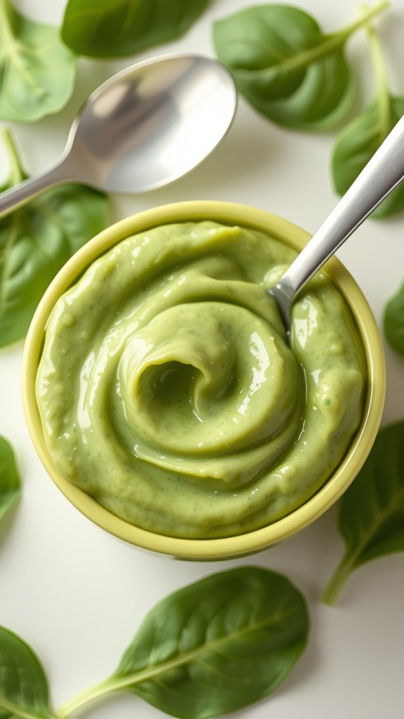 A bowl of creamy spinach puree for babies, with fresh spinach leaves around it.